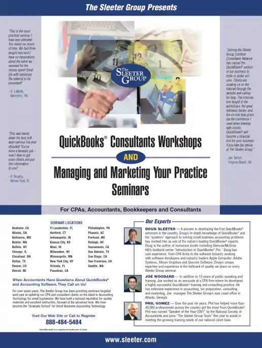 Sleeter Group QuickBooks Consultants Workshops and Managing and Marketing Your Practice Seminars Magazine Ad