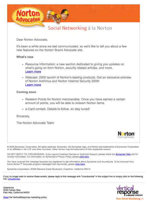 Zuberance Symantec Norton Brand Advocates Email project image